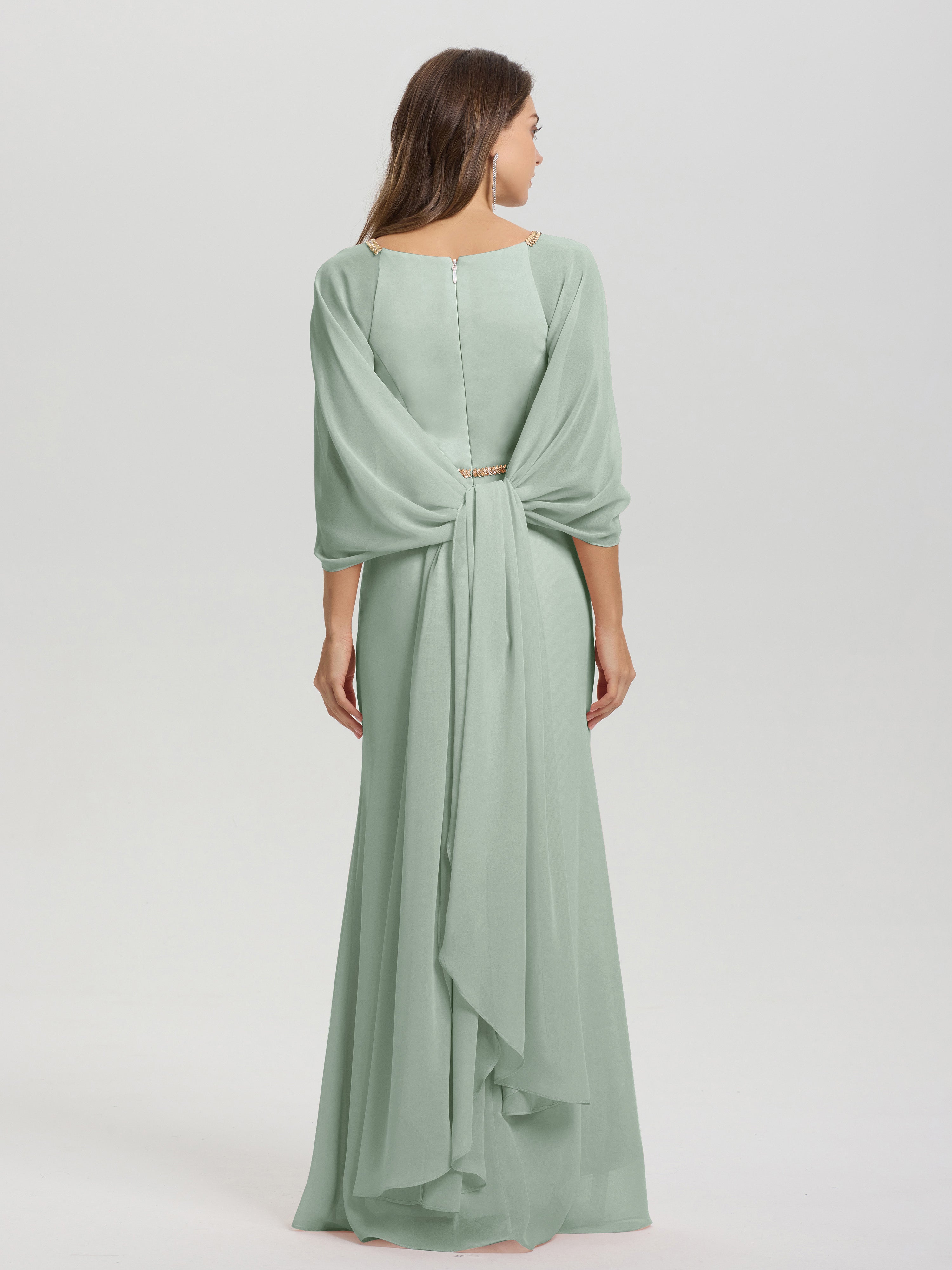 Sheath Flowy Long Sleeves Waisted Zip Back Chiffon Bridesmaid Dress