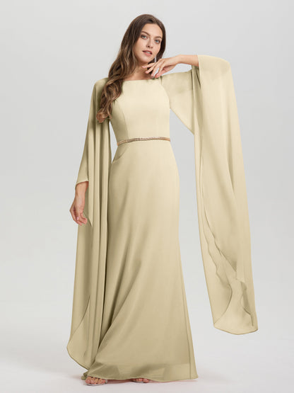 Sheath Flowy Long Sleeves Waisted Zip Back Chiffon Bridesmaid Dress