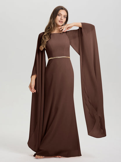 Sheath Flowy Long Sleeves Waisted Zip Back Chiffon Bridesmaid Dress