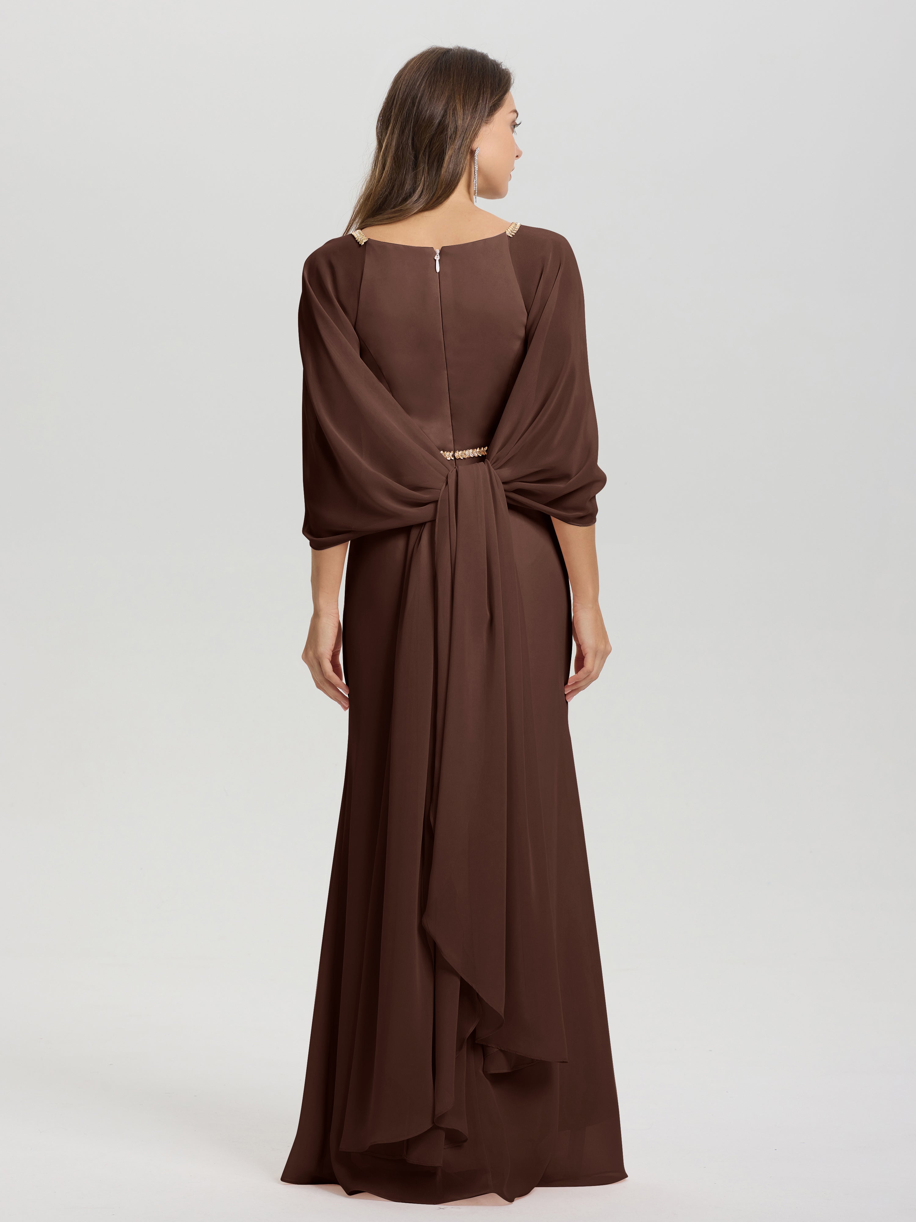 Sheath Flowy Long Sleeves Waisted Zip Back Chiffon Bridesmaid Dress