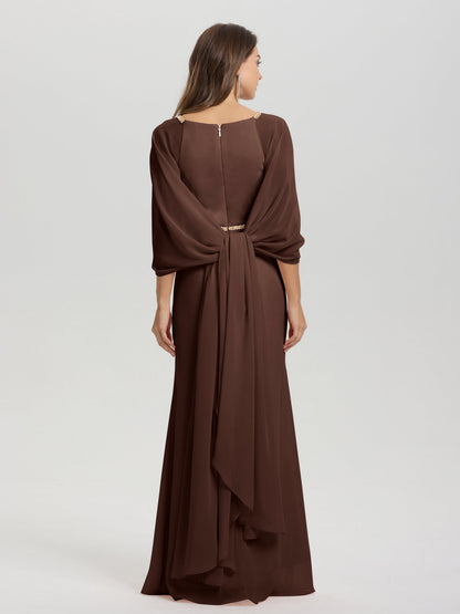Sheath Flowy Long Sleeves Waisted Zip Back Chiffon Bridesmaid Dress