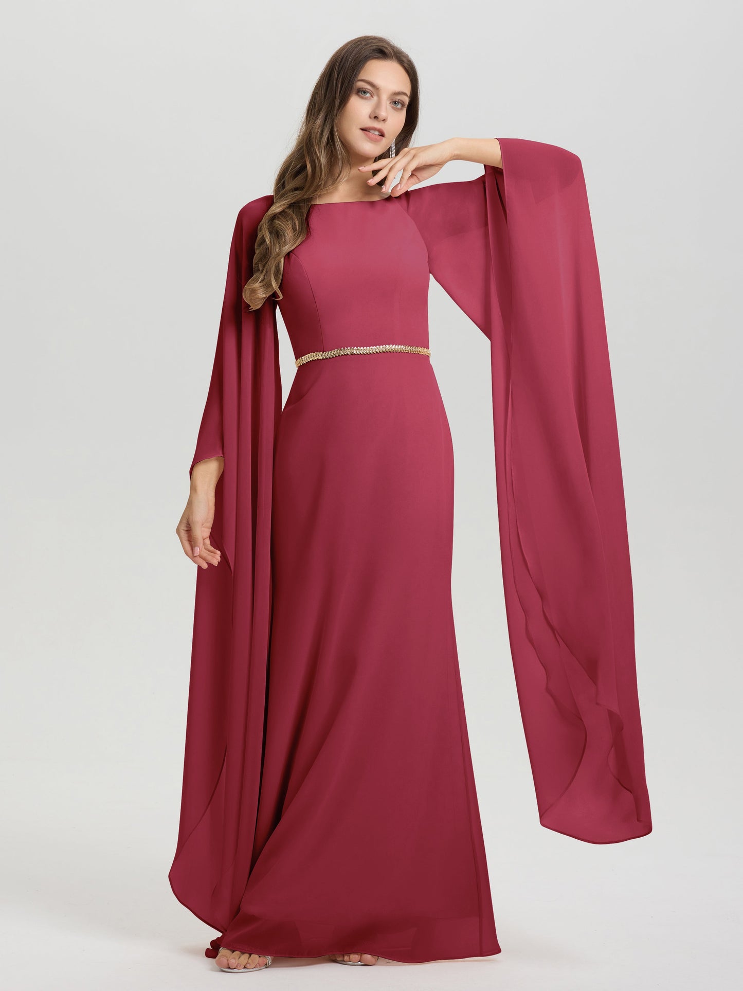 Sheath Flowy Long Sleeves Waisted Zip Back Chiffon Bridesmaid Dress