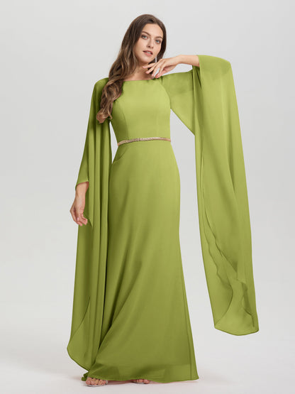 Sheath Flowy Long Sleeves Waisted Zip Back Chiffon Bridesmaid Dress