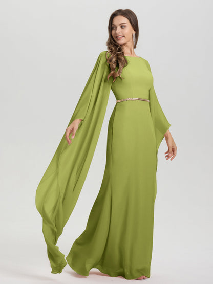 Sheath Flowy Long Sleeves Waisted Zip Back Chiffon Bridesmaid Dress