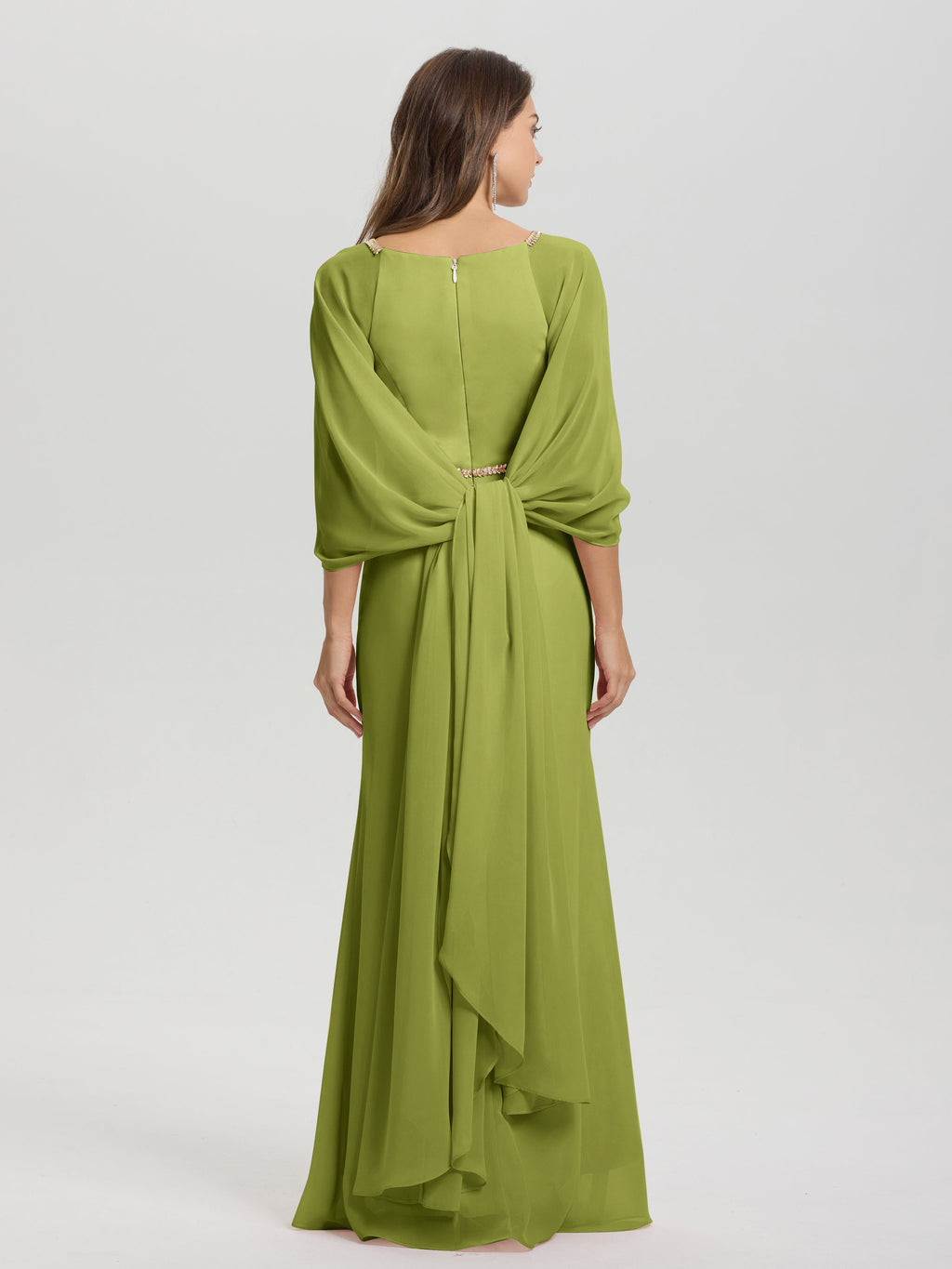 Sheath Flowy Long Sleeves Waisted Zip Back Chiffon Bridesmaid Dress