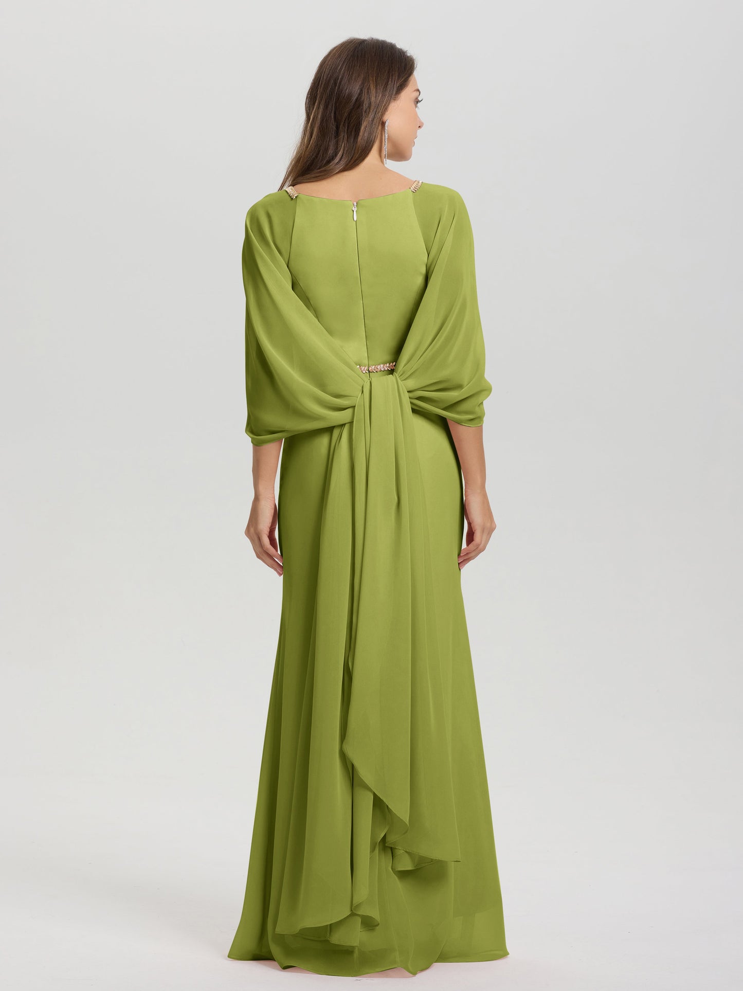 Sheath Flowy Long Sleeves Waisted Zip Back Chiffon Bridesmaid Dress