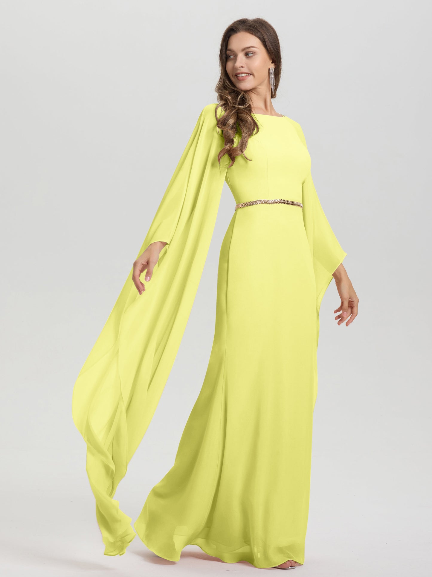 Sheath Flowy Long Sleeves Waisted Zip Back Chiffon Bridesmaid Dress