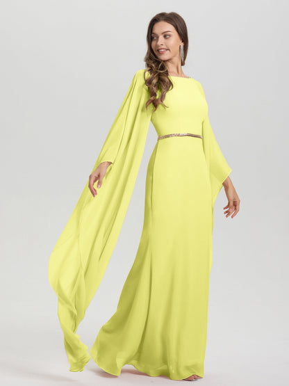 Sheath Flowy Long Sleeves Waisted Zip Back Chiffon Bridesmaid Dress