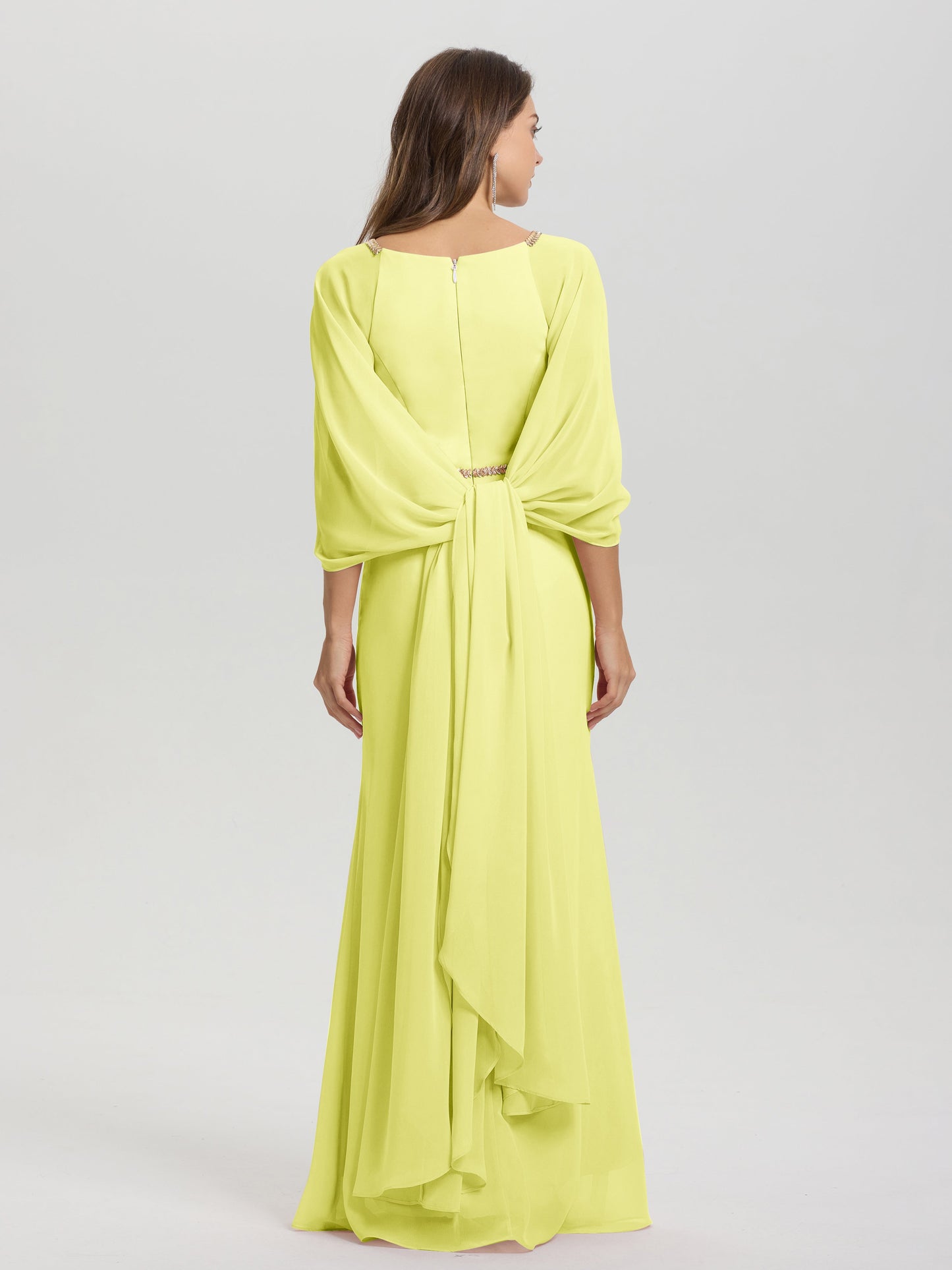 Sheath Flowy Long Sleeves Waisted Zip Back Chiffon Bridesmaid Dress