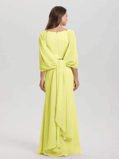 Sheath Flowy Long Sleeves Waisted Zip Back Chiffon Bridesmaid Dress