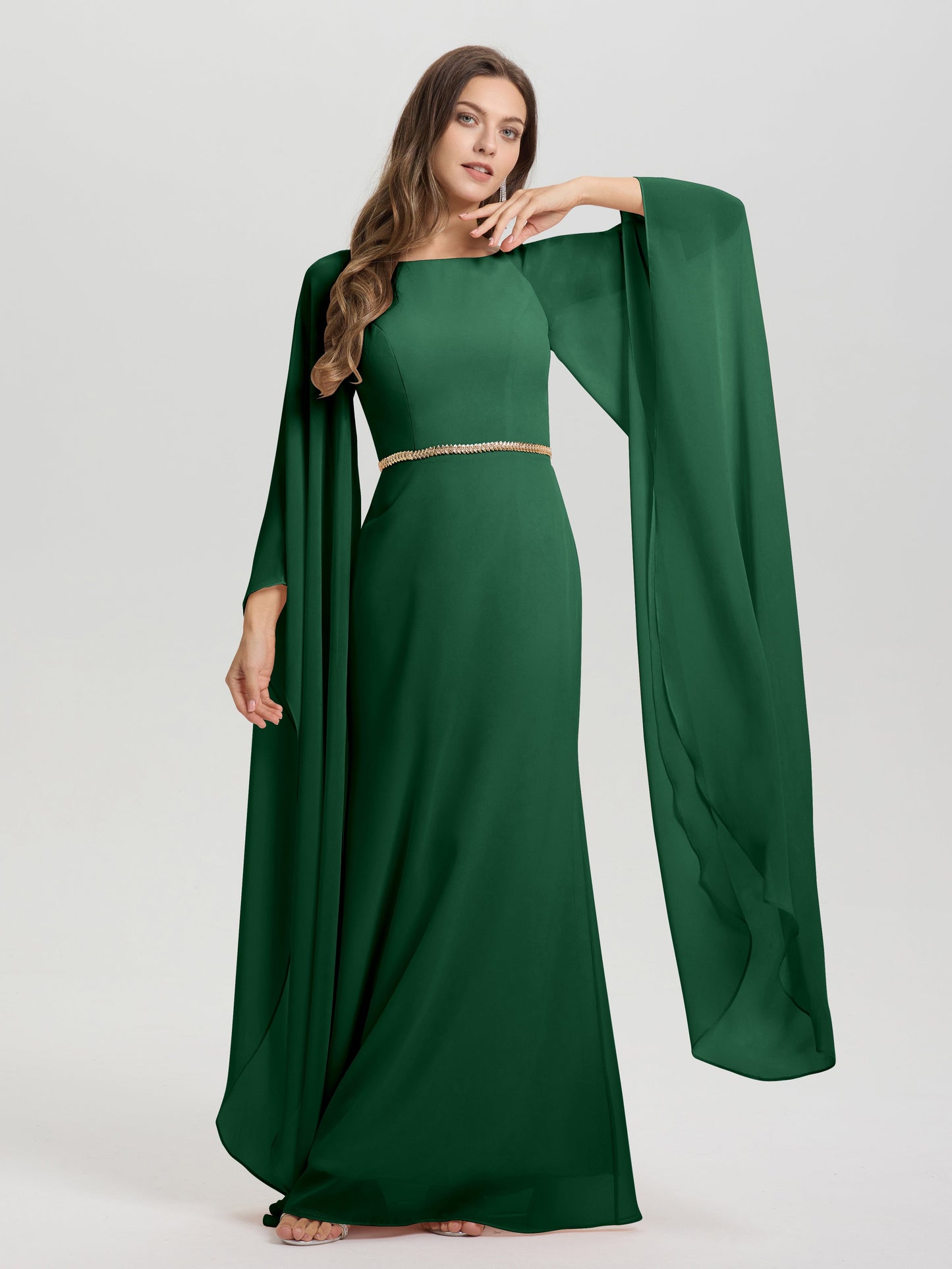 Sheath Flowy Long Sleeves Waisted Zip Back Chiffon Bridesmaid Dress