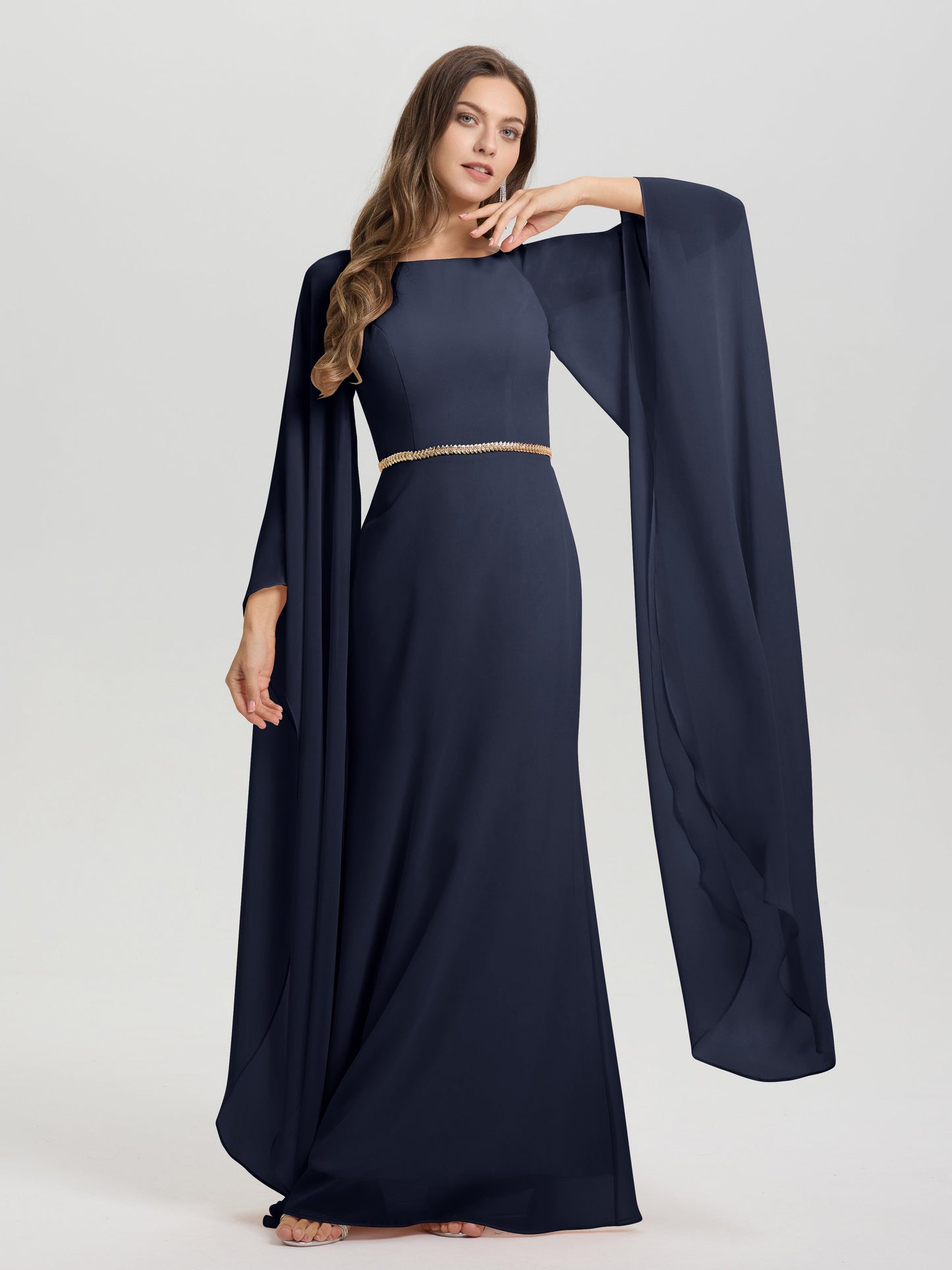 Sheath Flowy Long Sleeves Waisted Zip Back Chiffon Bridesmaid Dress