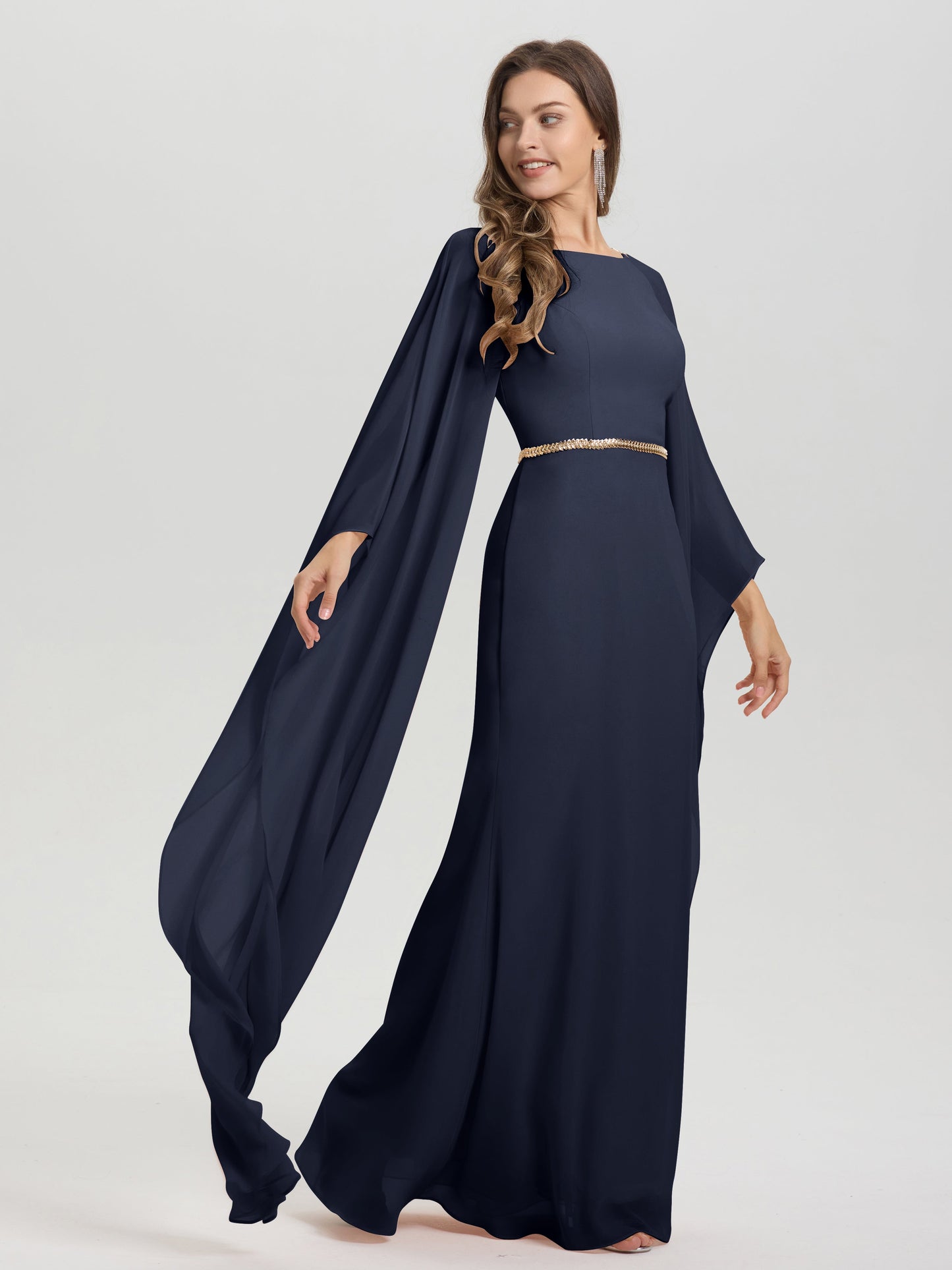 Sheath Flowy Long Sleeves Waisted Zip Back Chiffon Bridesmaid Dress