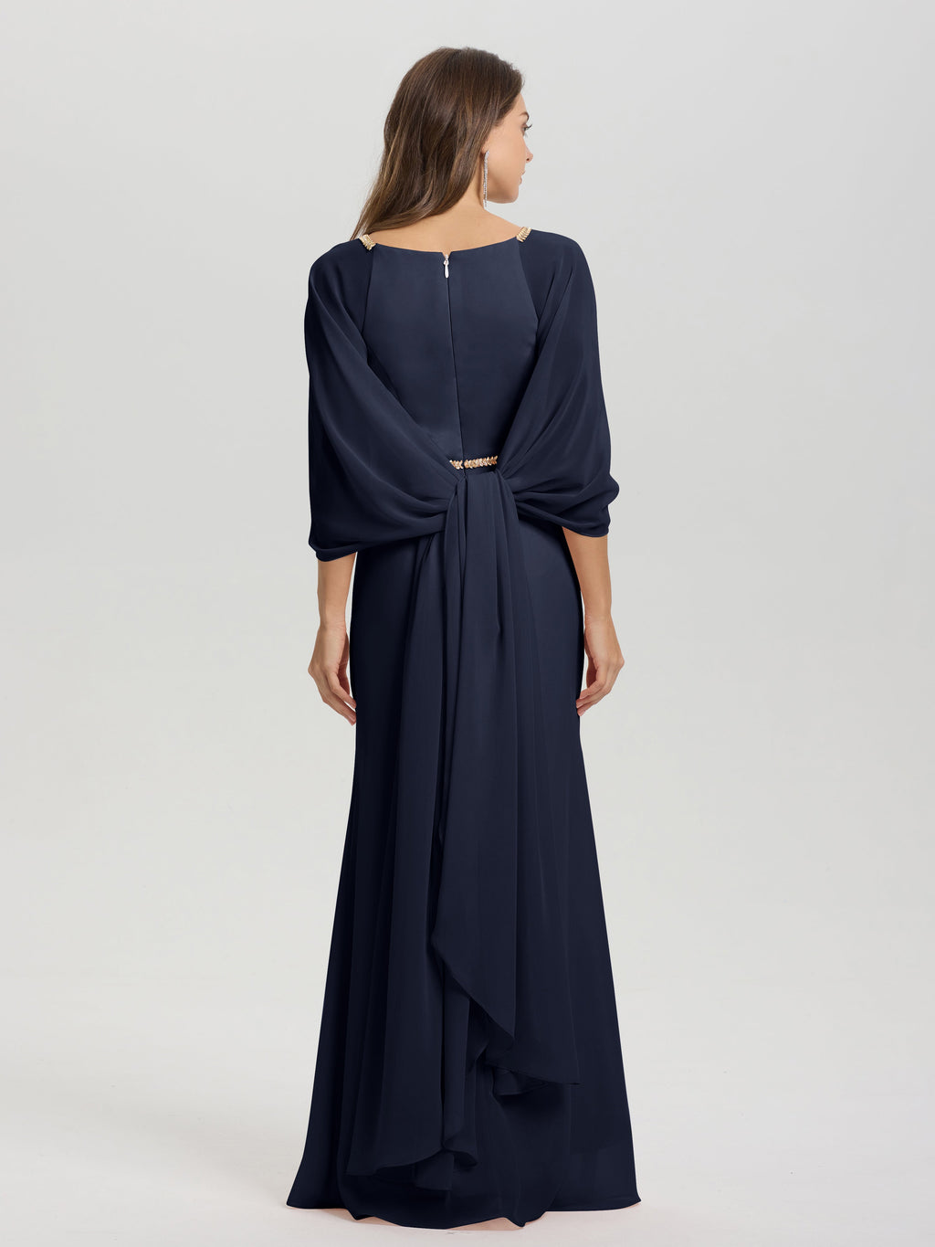 Sheath Flowy Long Sleeves Waisted Zip Back Chiffon Bridesmaid Dress