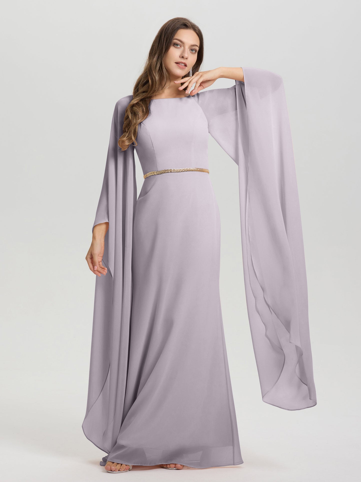 Sheath Flowy Long Sleeves Waisted Zip Back Chiffon Bridesmaid Dress