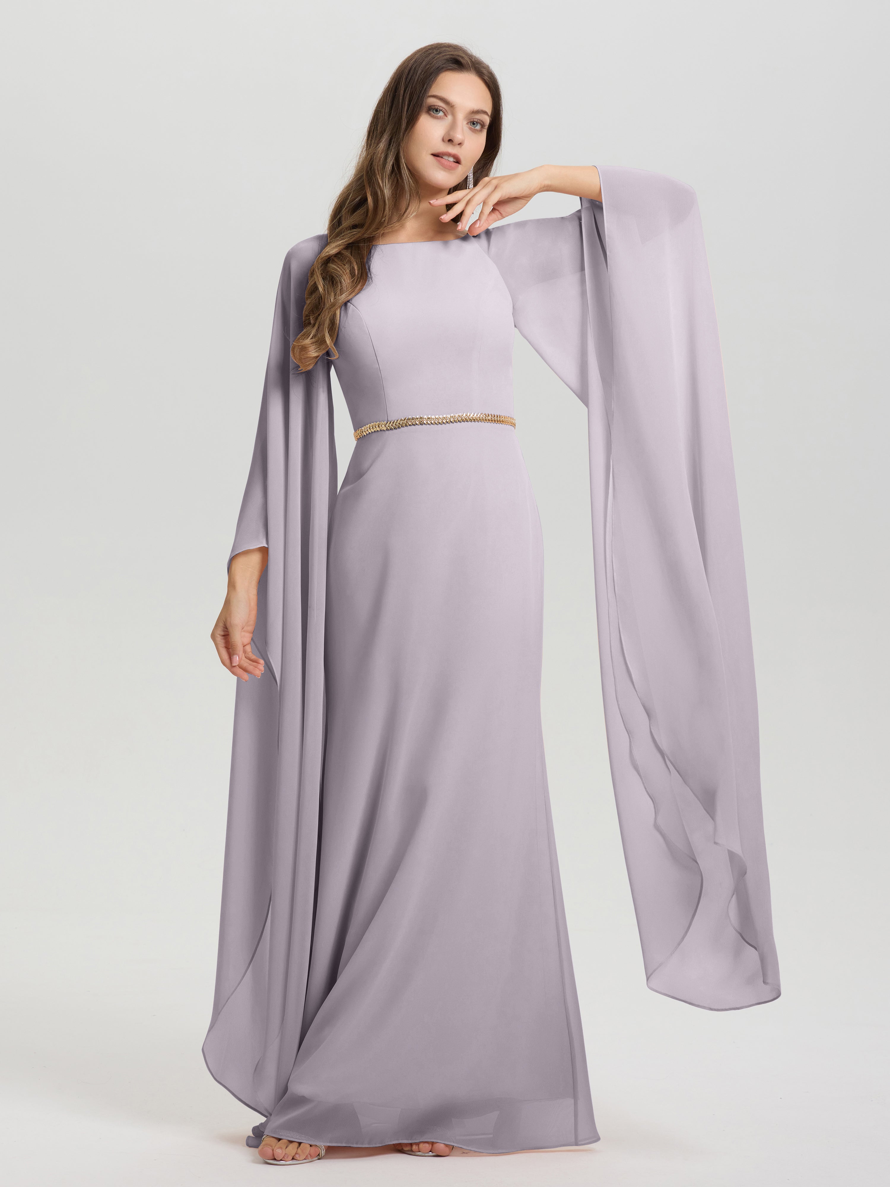 Sheath Flowy Long Sleeves Waisted Zip Back Chiffon Bridesmaid Dress