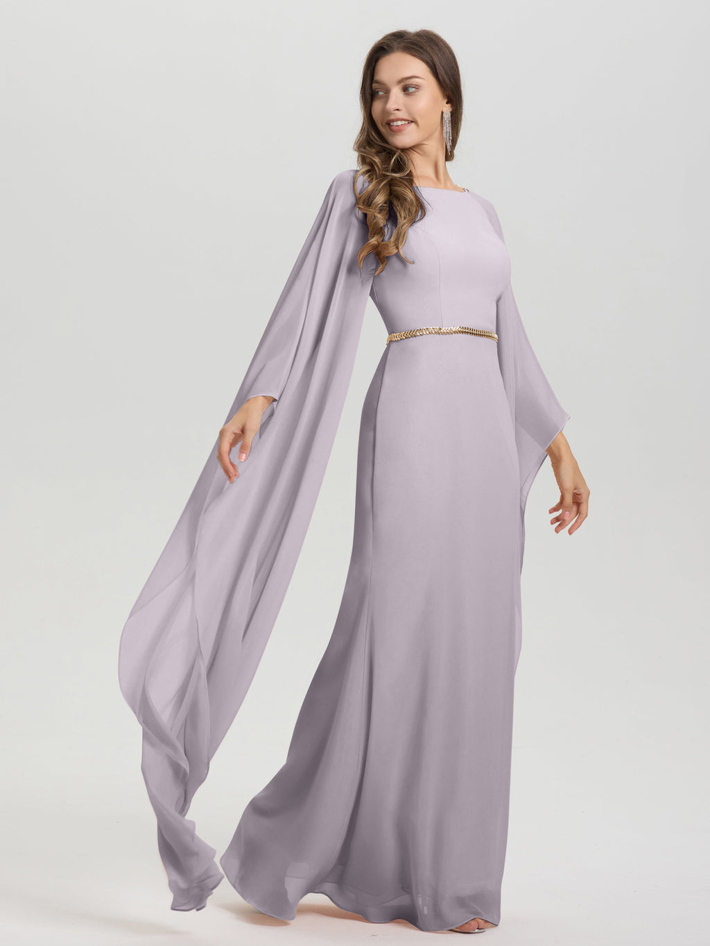 Sheath Flowy Long Sleeves Waisted Zip Back Chiffon Bridesmaid Dress