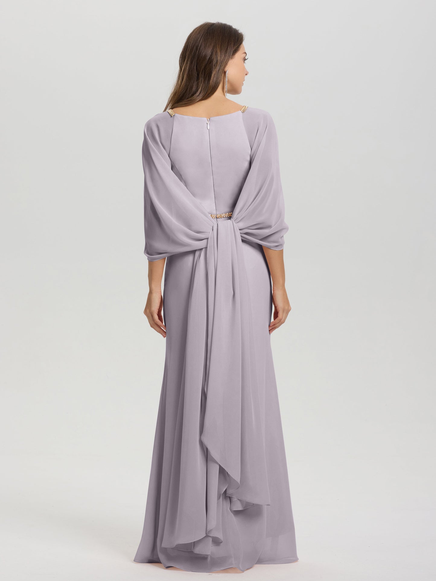 Sheath Flowy Long Sleeves Waisted Zip Back Chiffon Bridesmaid Dress