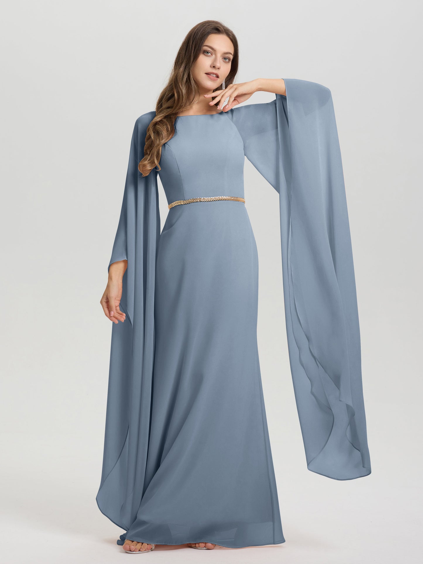 Sheath Flowy Long Sleeves Waisted Zip Back Chiffon Bridesmaid Dress