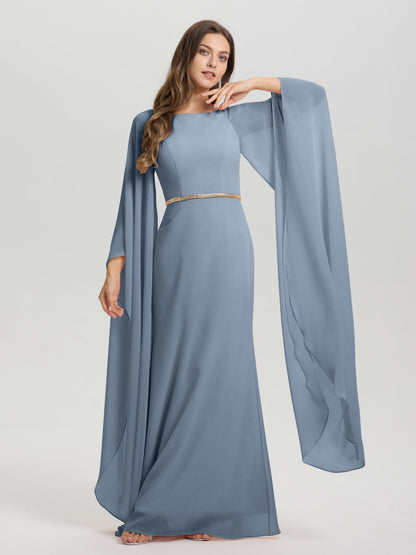 Sheath Flowy Long Sleeves Waisted Zip Back Chiffon Bridesmaid Dress