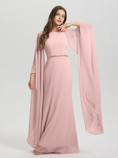 Sheath Flowy Long Sleeves Waisted Zip Back Chiffon Bridesmaid Dress