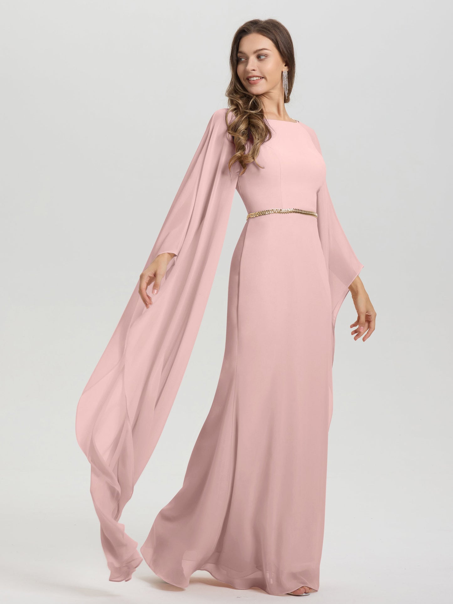 Sheath Flowy Long Sleeves Waisted Zip Back Chiffon Bridesmaid Dress