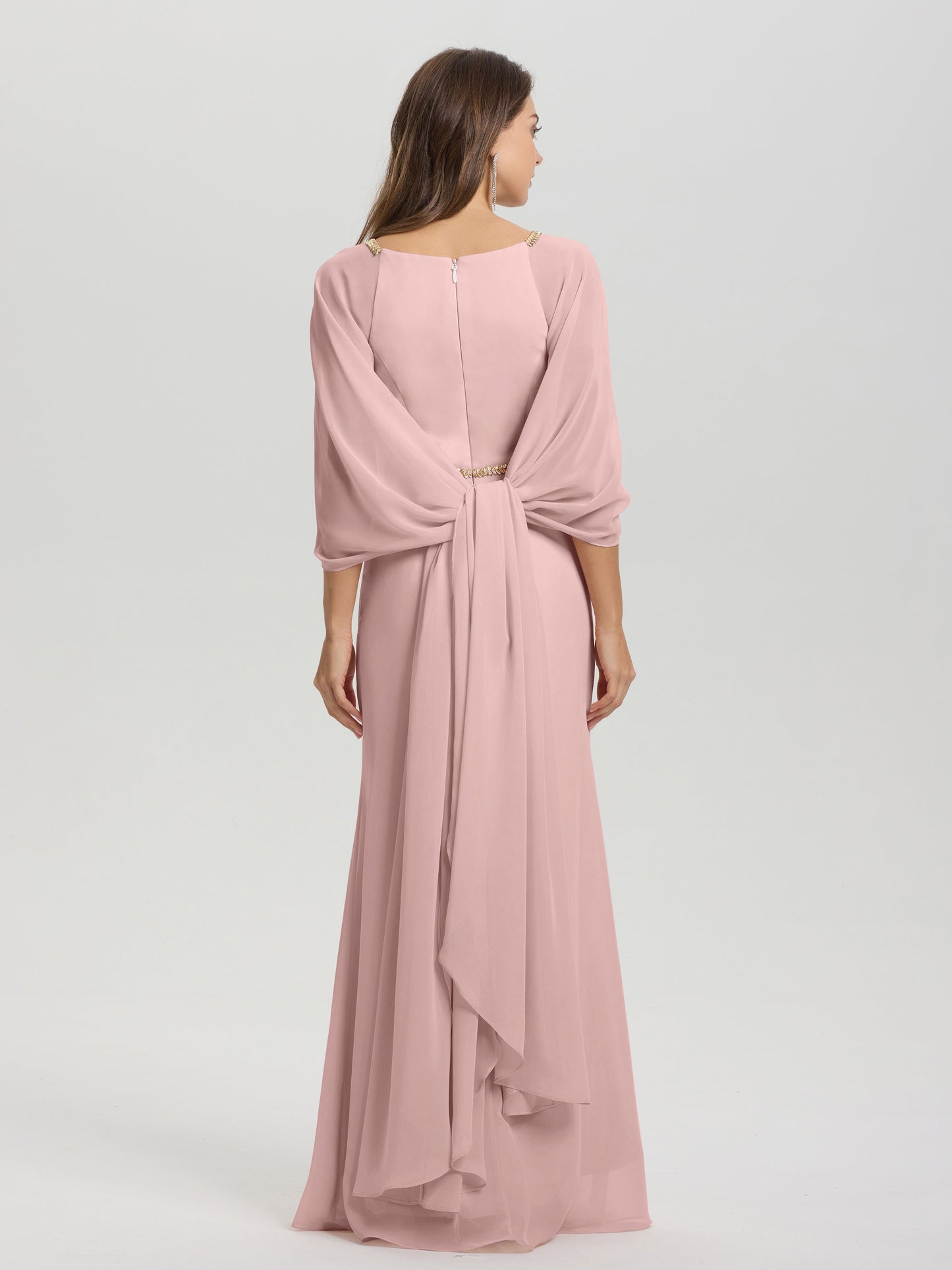 Sheath Flowy Long Sleeves Waisted Zip Back Chiffon Bridesmaid Dress