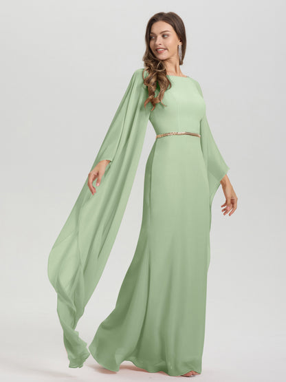 Sheath Flowy Long Sleeves Waisted Zip Back Chiffon Bridesmaid Dress