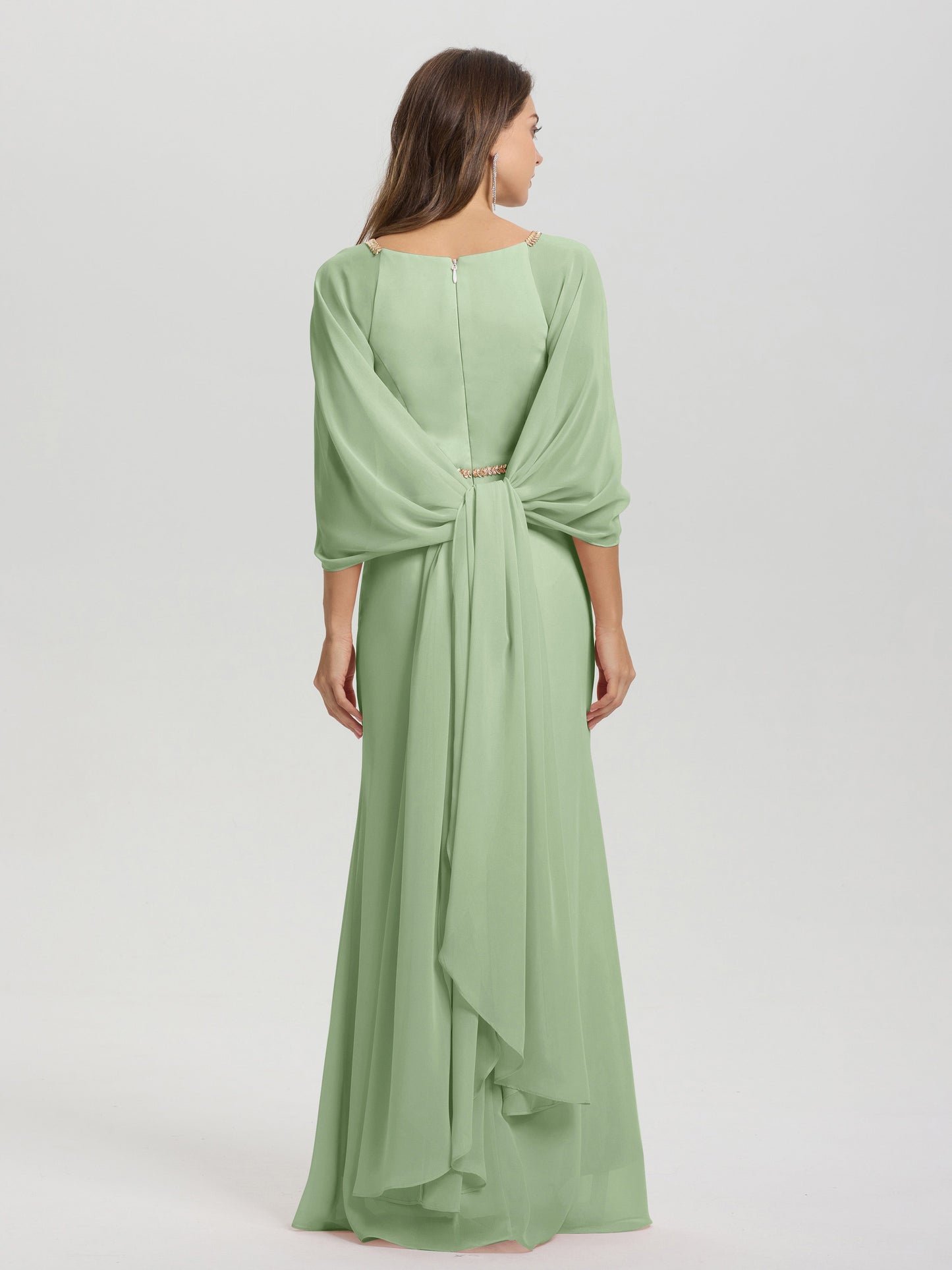 Sheath Flowy Long Sleeves Waisted Zip Back Chiffon Bridesmaid Dress