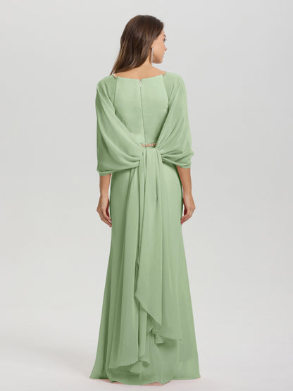 Sheath Flowy Long Sleeves Waisted Zip Back Chiffon Bridesmaid Dress