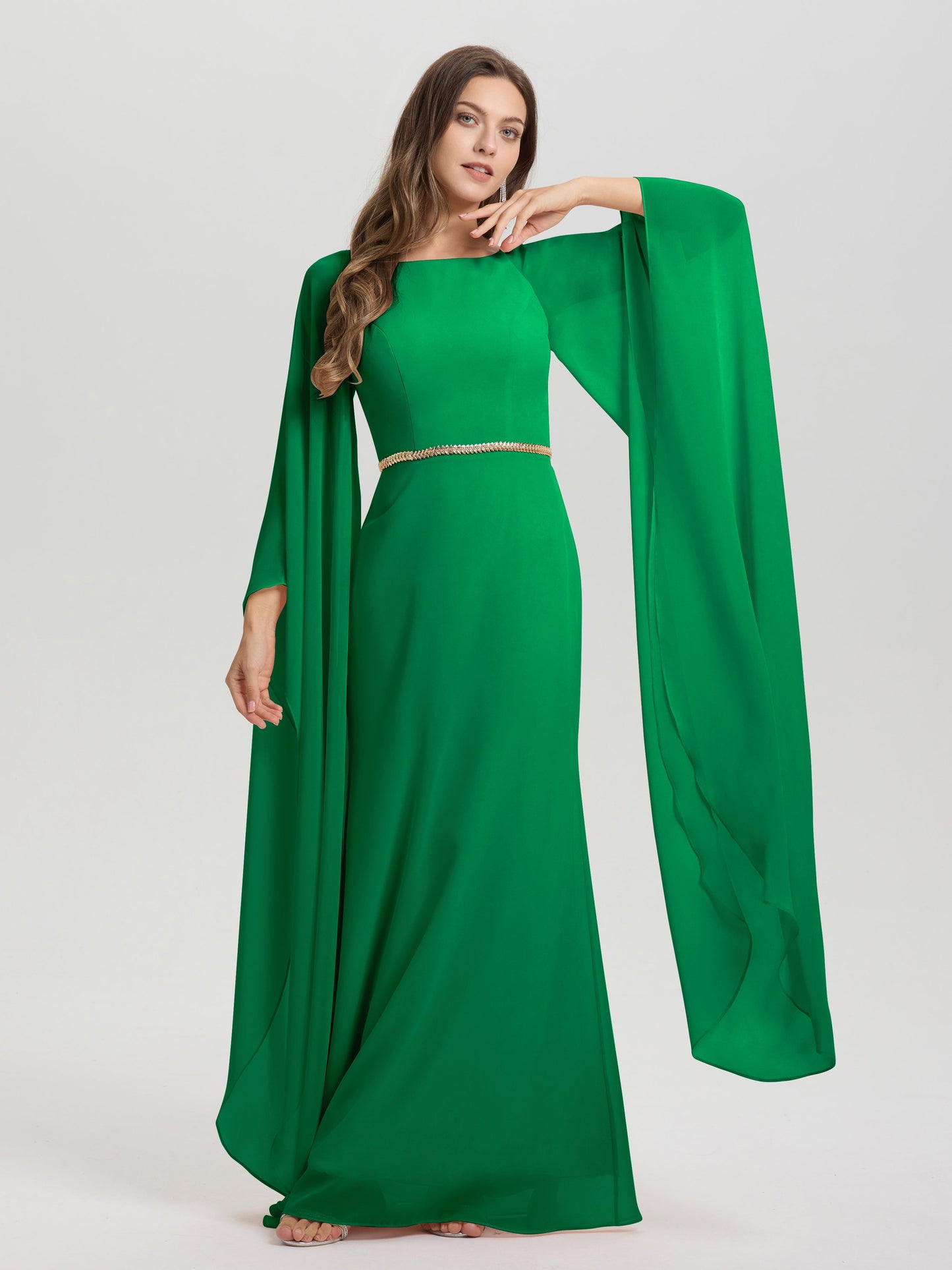 Sheath Flowy Long Sleeves Waisted Zip Back Chiffon Bridesmaid Dress