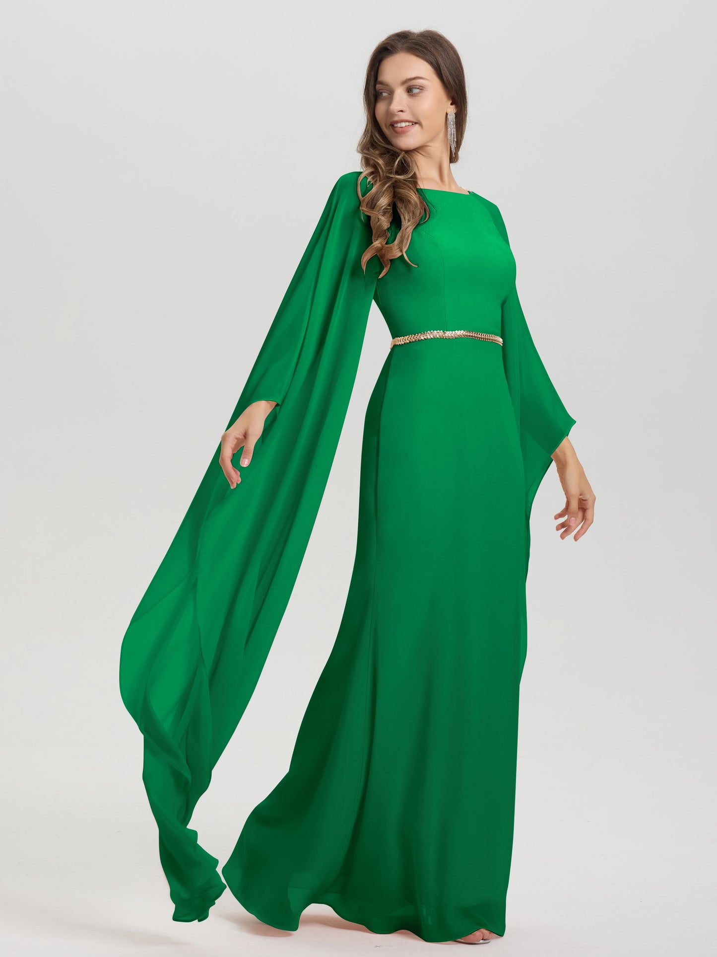Sheath Flowy Long Sleeves Waisted Zip Back Chiffon Bridesmaid Dress