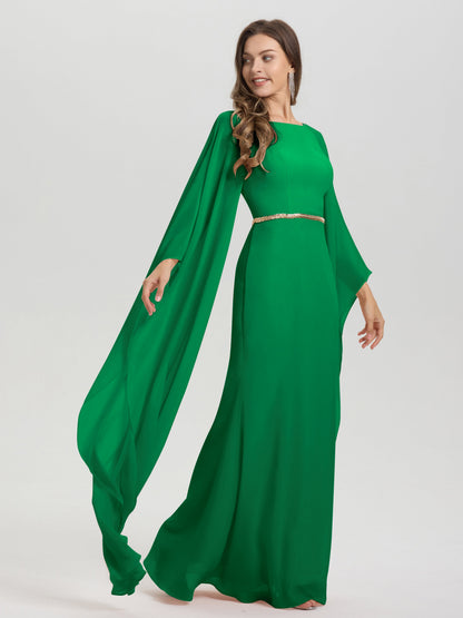 Sheath Flowy Long Sleeves Waisted Zip Back Chiffon Bridesmaid Dress