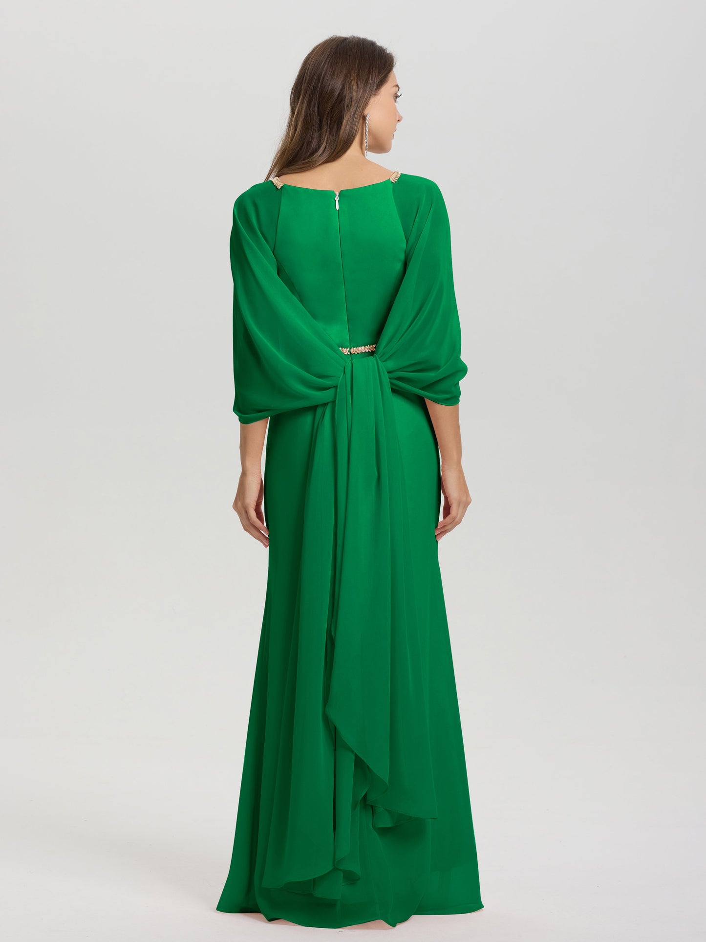 Sheath Flowy Long Sleeves Waisted Zip Back Chiffon Bridesmaid Dress