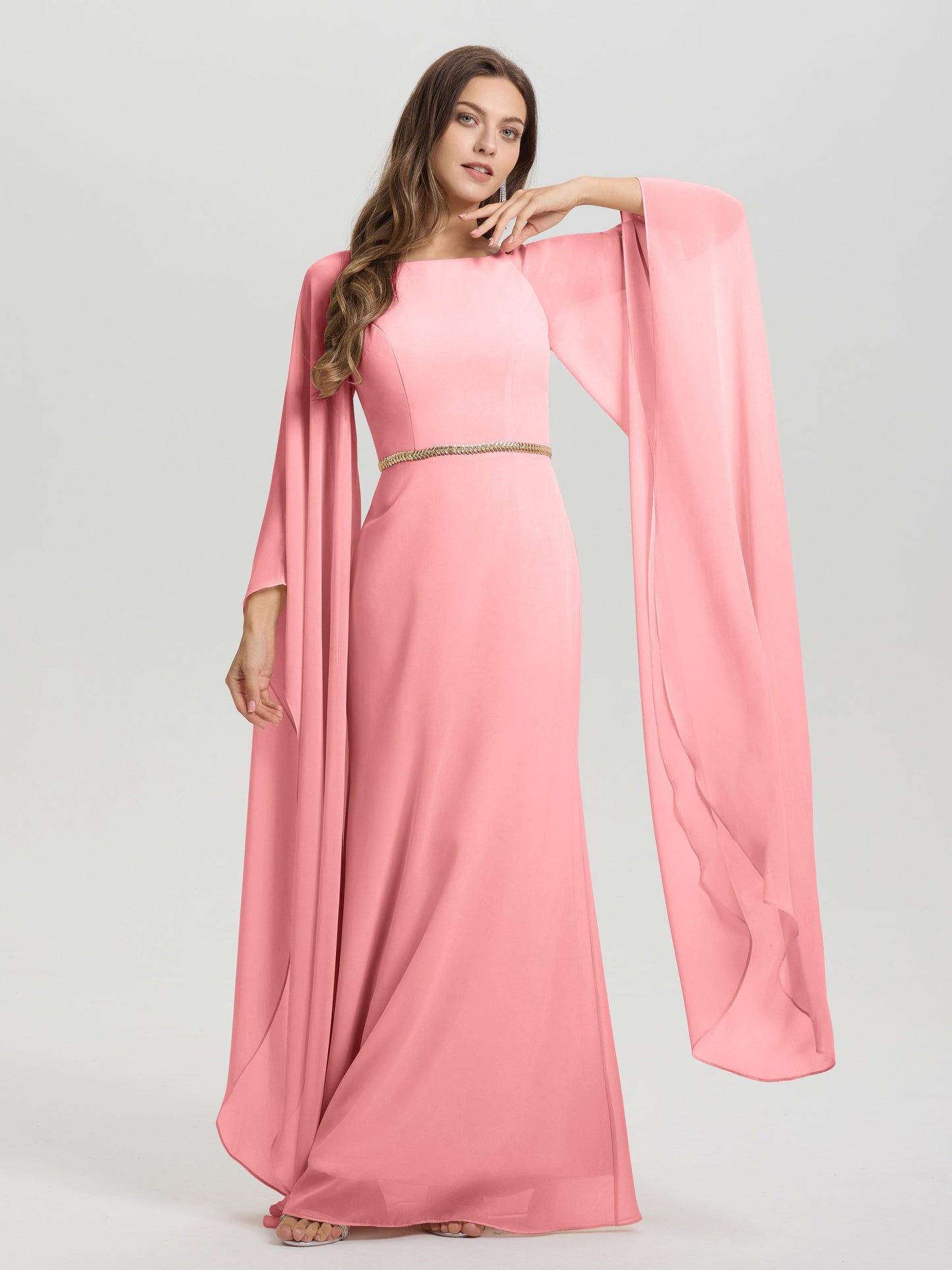 Sheath Flowy Long Sleeves Waisted Zip Back Chiffon Bridesmaid Dress