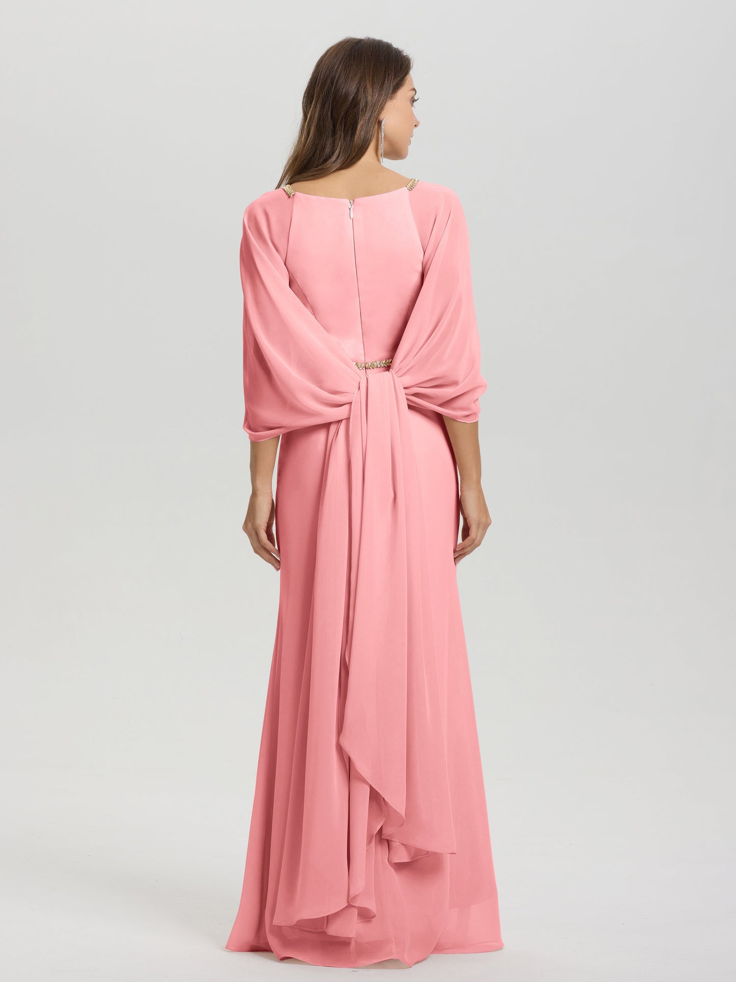 Sheath Flowy Long Sleeves Waisted Zip Back Chiffon Bridesmaid Dress