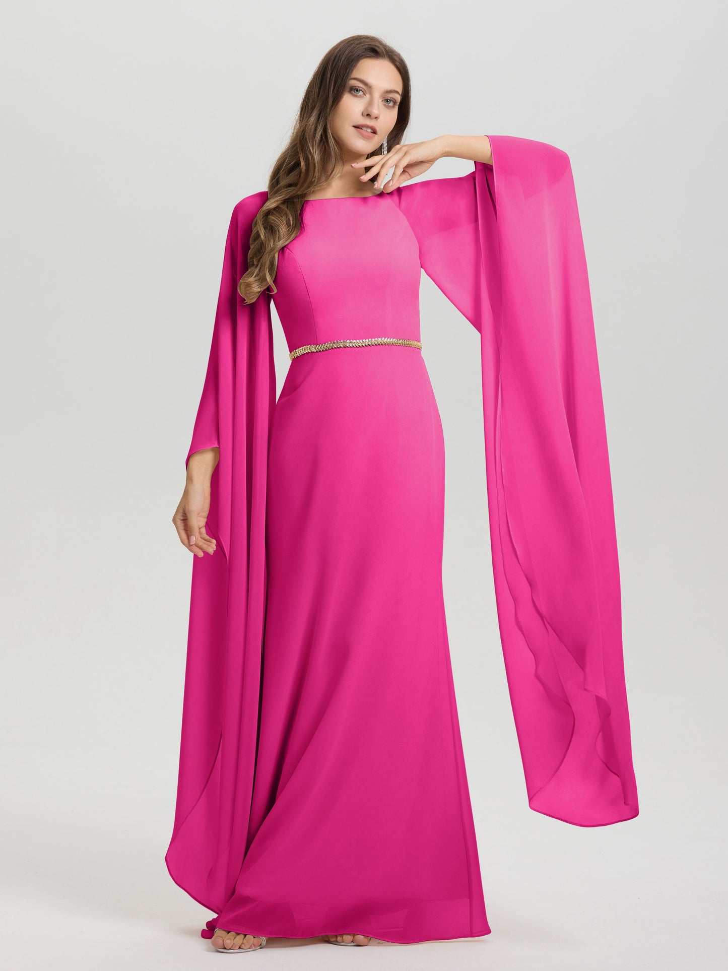 Sheath Flowy Long Sleeves Waisted Zip Back Chiffon Bridesmaid Dress