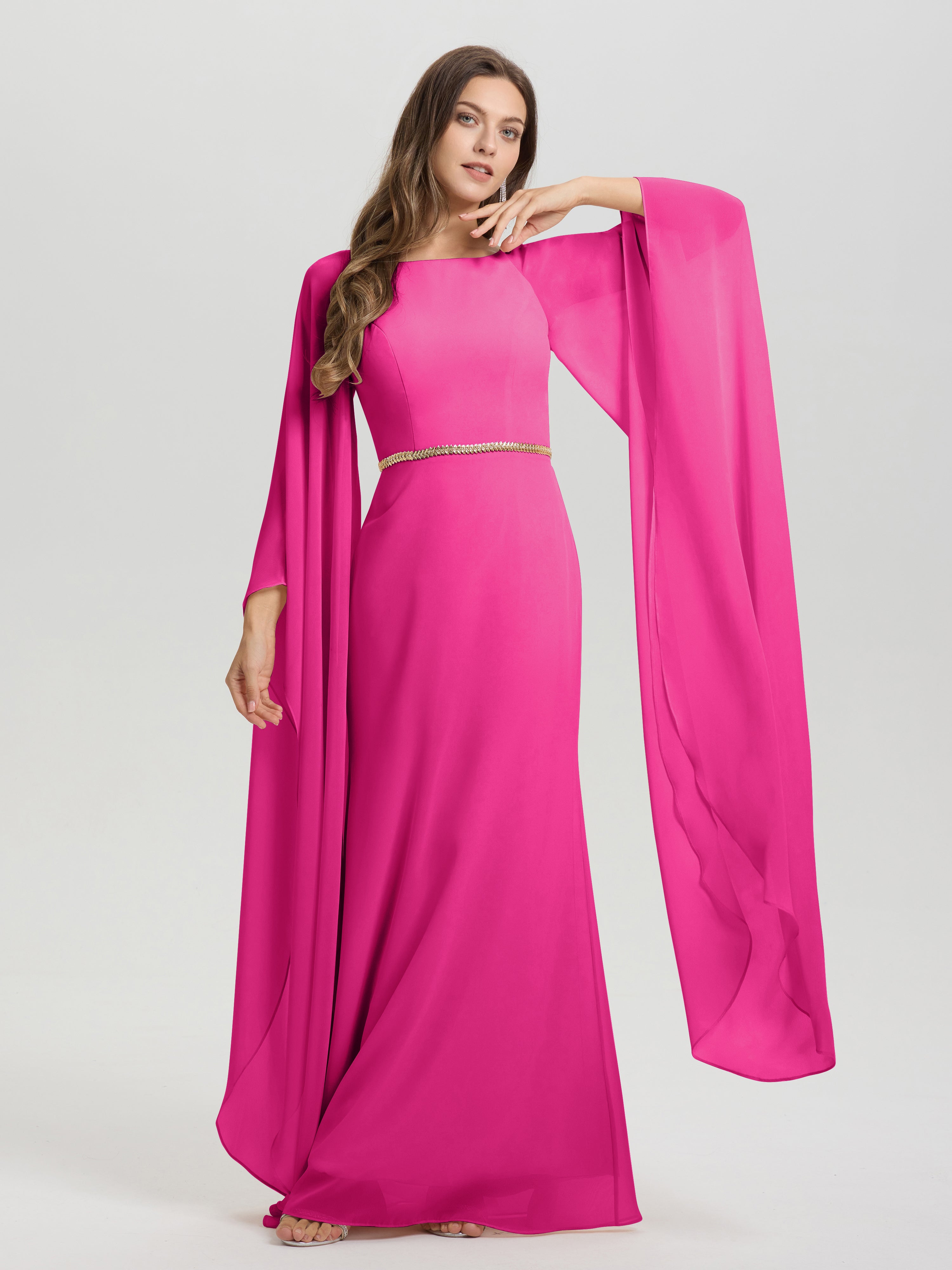 Sheath Flowy Long Sleeves Waisted Zip Back Chiffon Bridesmaid Dress