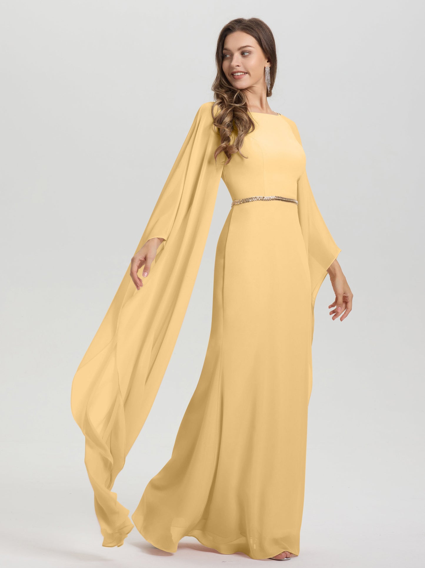 Sheath Flowy Long Sleeves Waisted Zip Back Chiffon Bridesmaid Dress