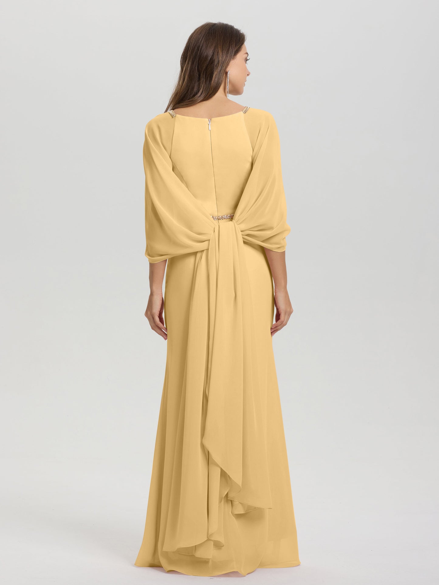 Sheath Flowy Long Sleeves Waisted Zip Back Chiffon Bridesmaid Dress