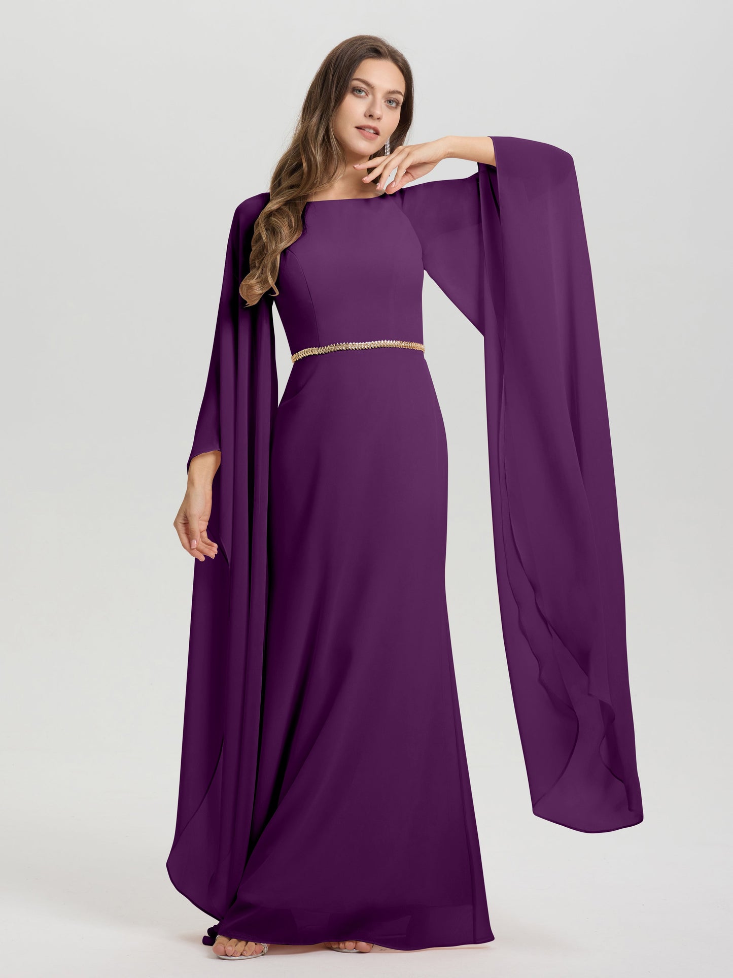 Sheath Flowy Long Sleeves Waisted Zip Back Chiffon Bridesmaid Dress