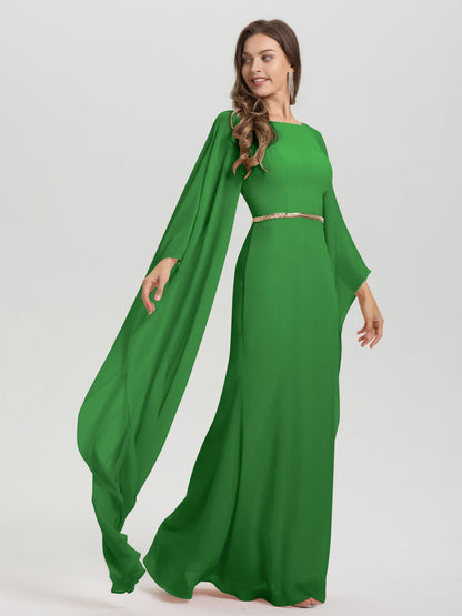 Sheath Flowy Long Sleeves Waisted Zip Back Chiffon Bridesmaid Dress