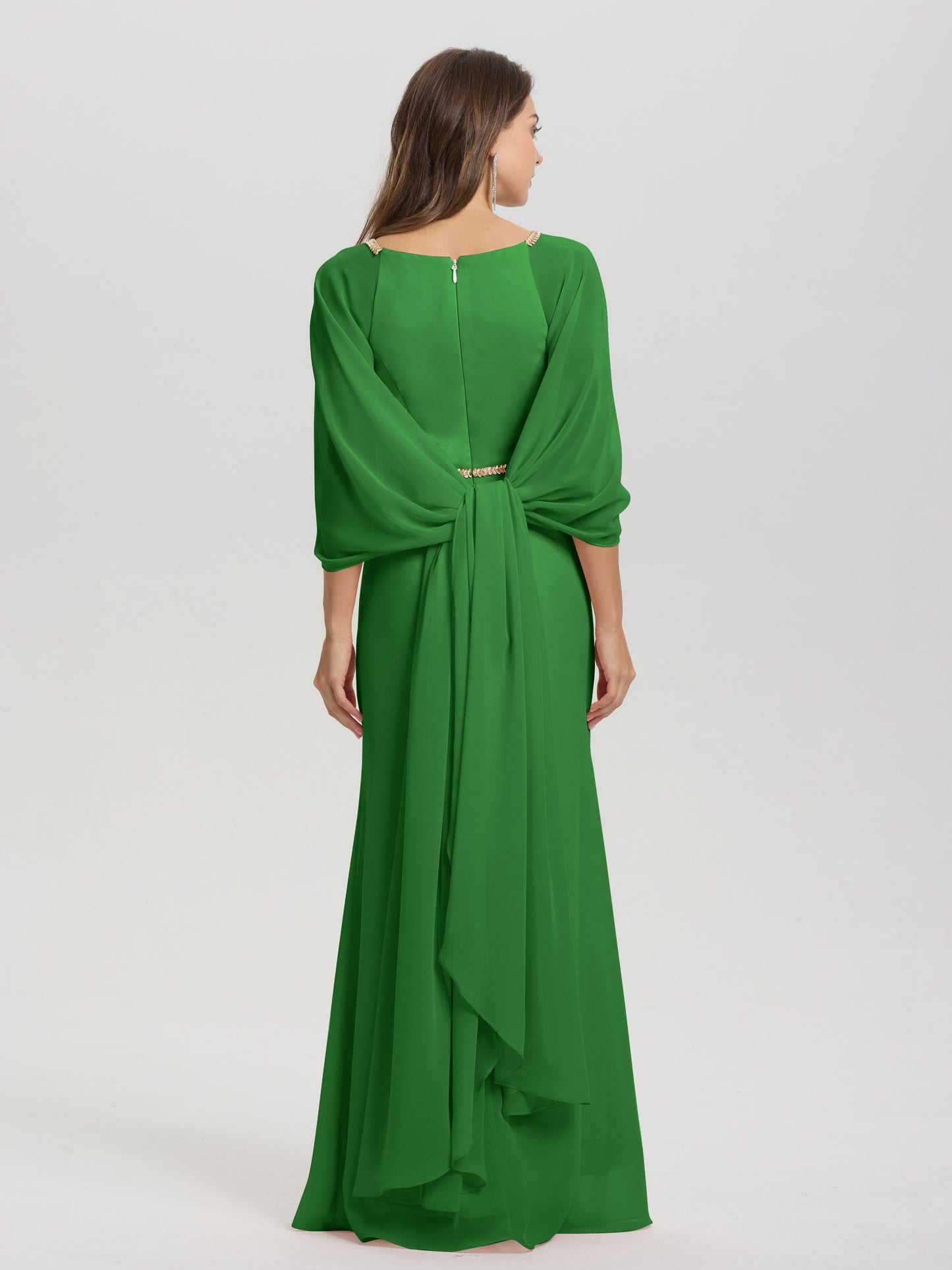Sheath Flowy Long Sleeves Waisted Zip Back Chiffon Bridesmaid Dress