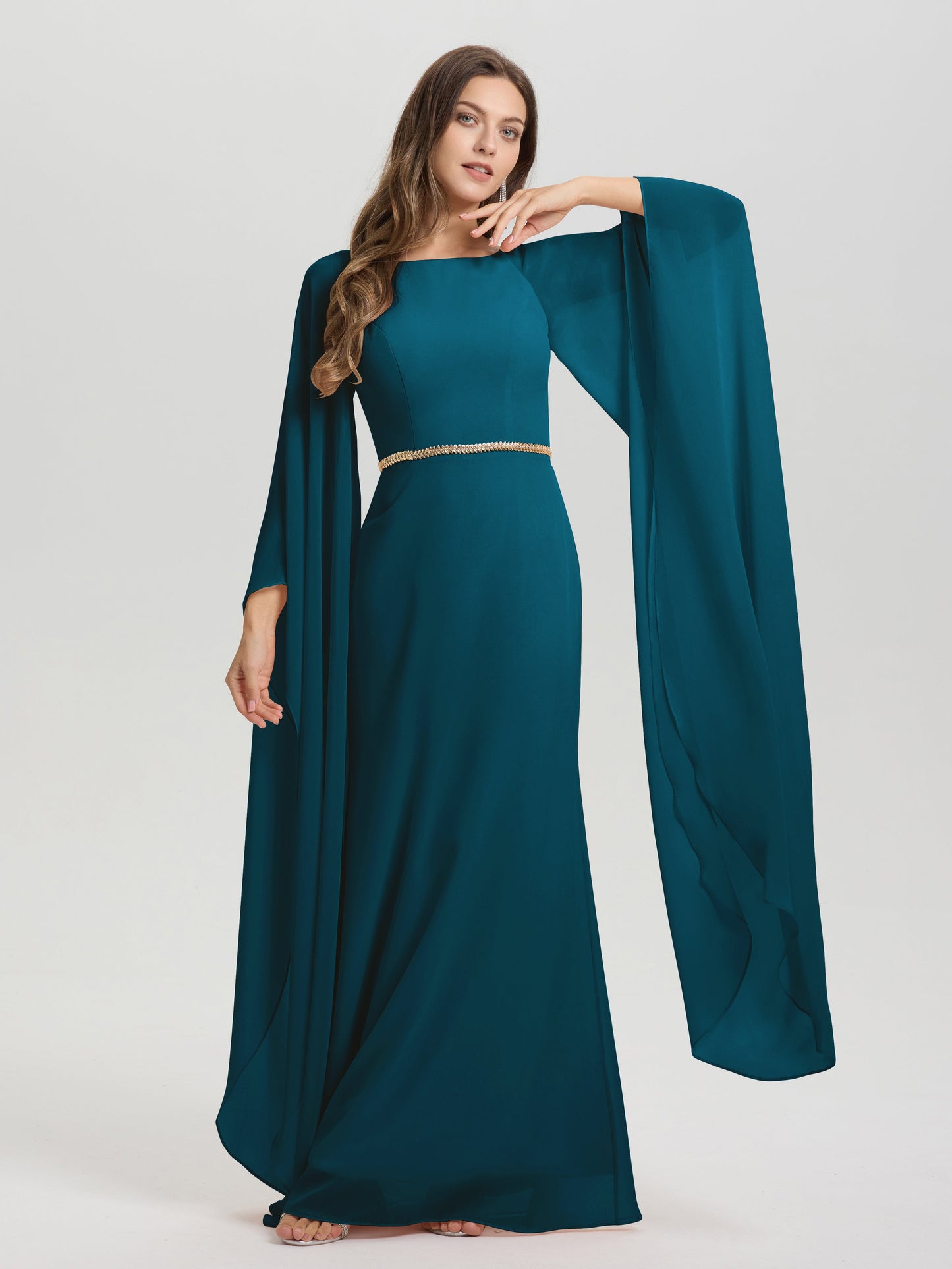 Sheath Flowy Long Sleeves Waisted Zip Back Chiffon Bridesmaid Dress