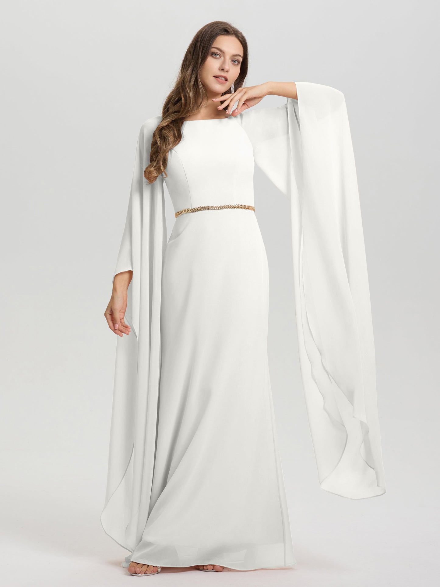 Sheath Flowy Long Sleeves Waisted Zip Back Chiffon Bridesmaid Dress