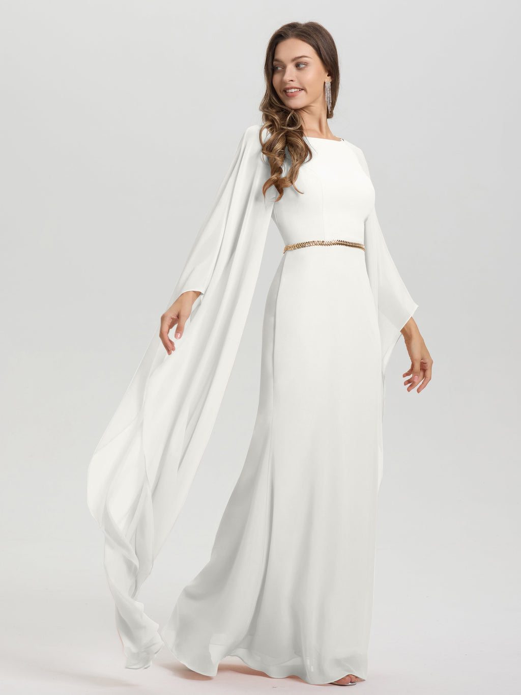 Sheath Flowy Long Sleeves Waisted Zip Back Chiffon Bridesmaid Dress