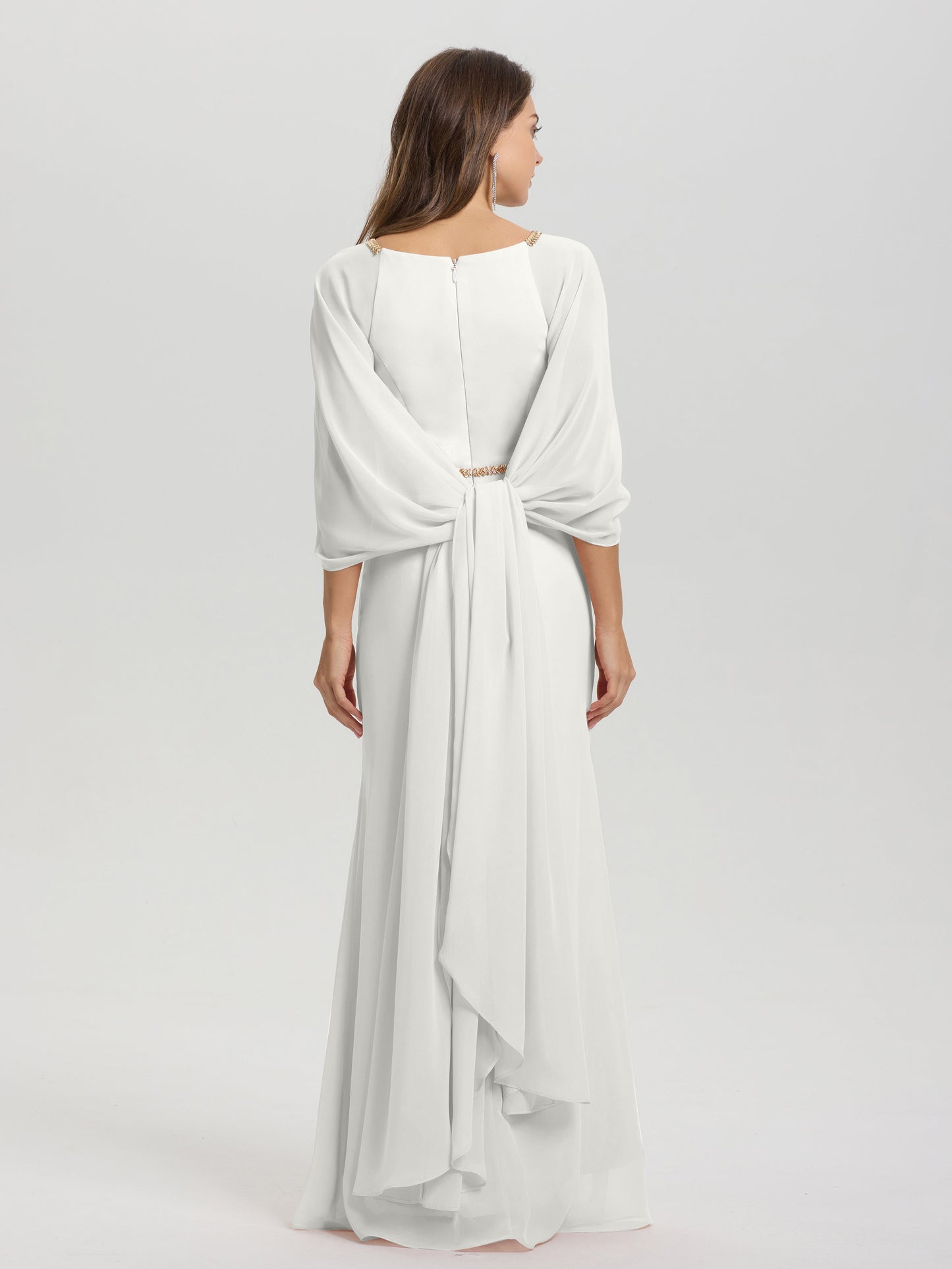 Sheath Flowy Long Sleeves Waisted Zip Back Chiffon Bridesmaid Dress