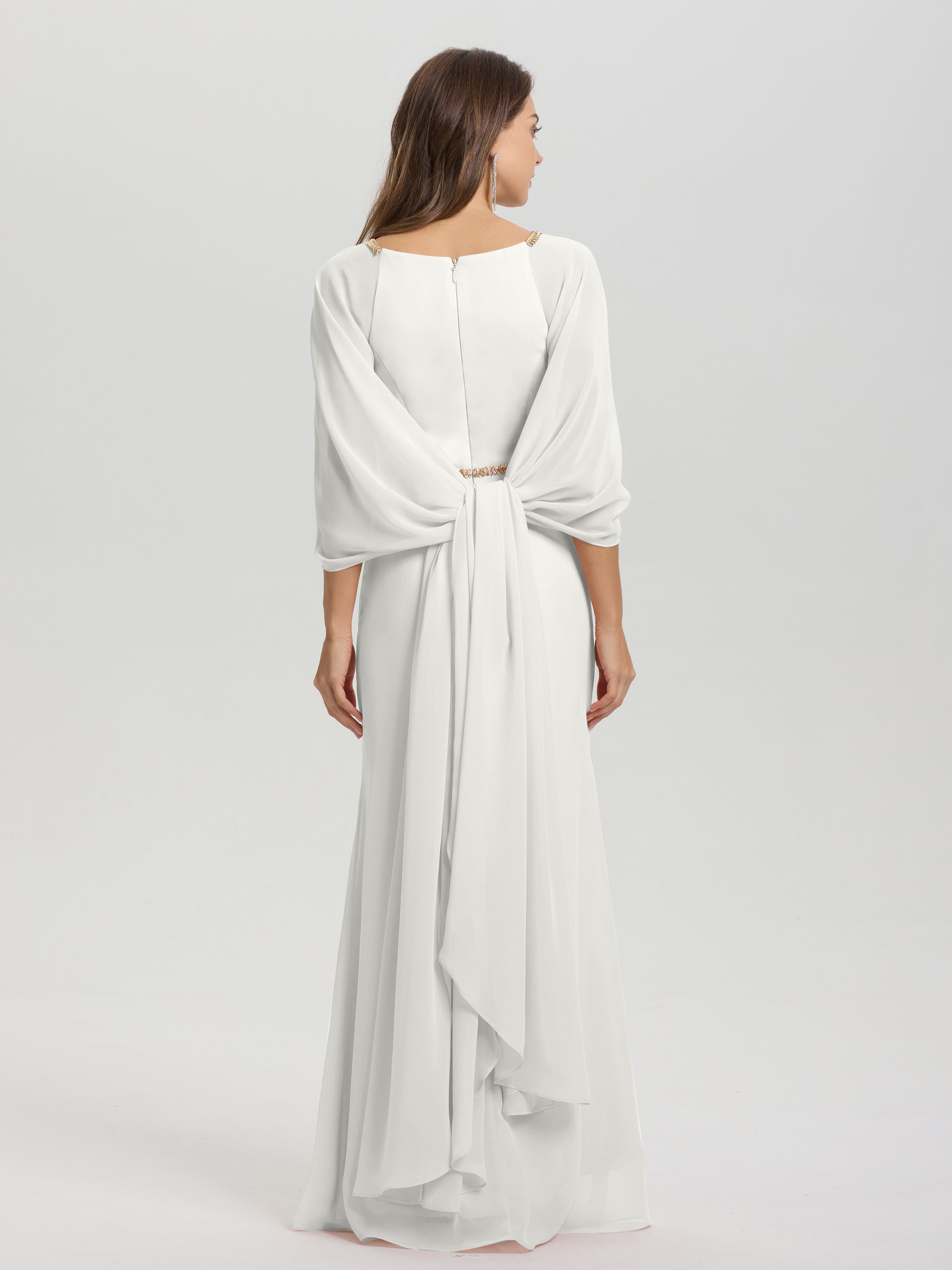 Sheath Flowy Long Sleeves Waisted Zip Back Chiffon Bridesmaid Dress