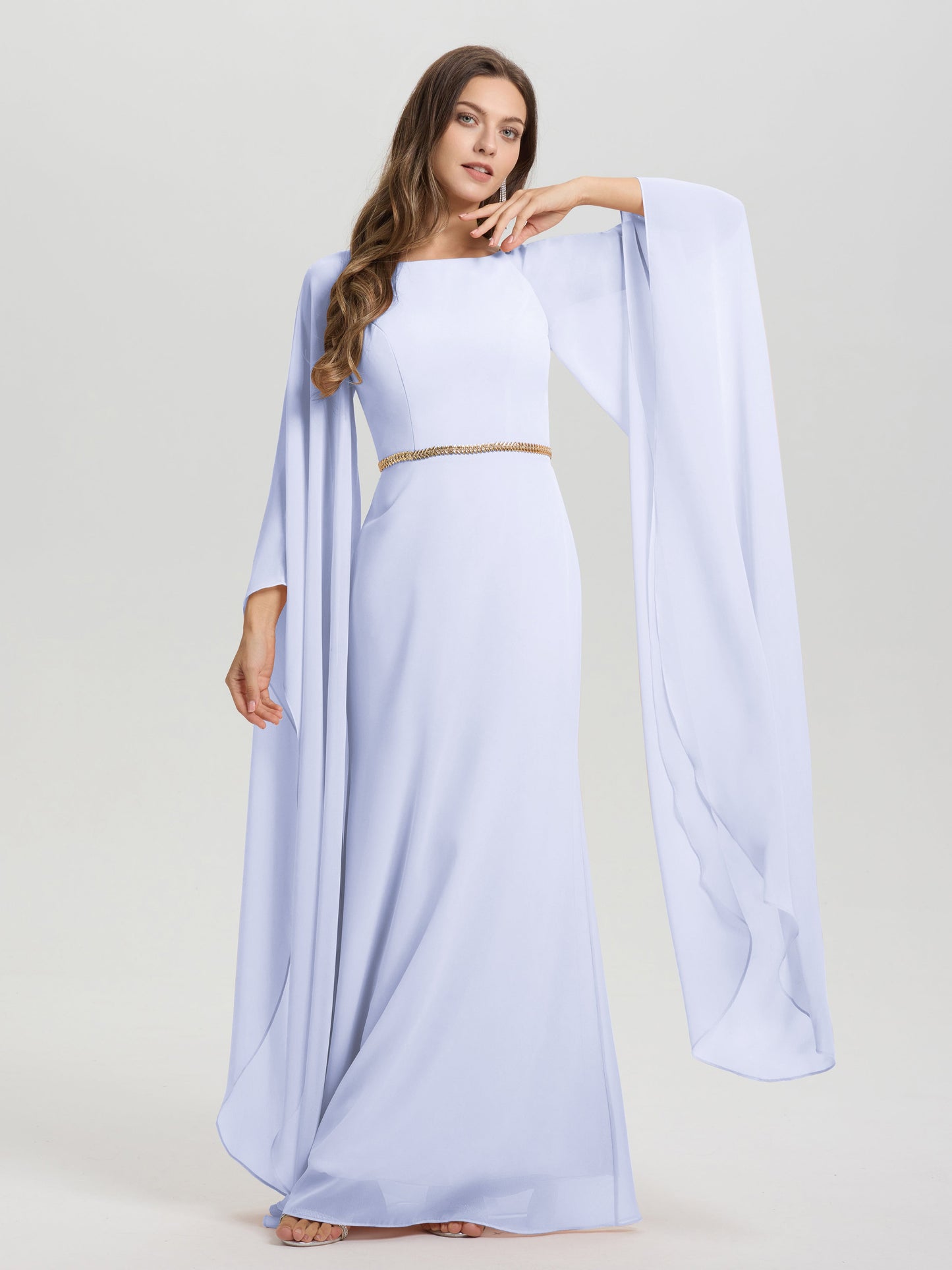 Sheath Flowy Long Sleeves Waisted Zip Back Chiffon Bridesmaid Dress
