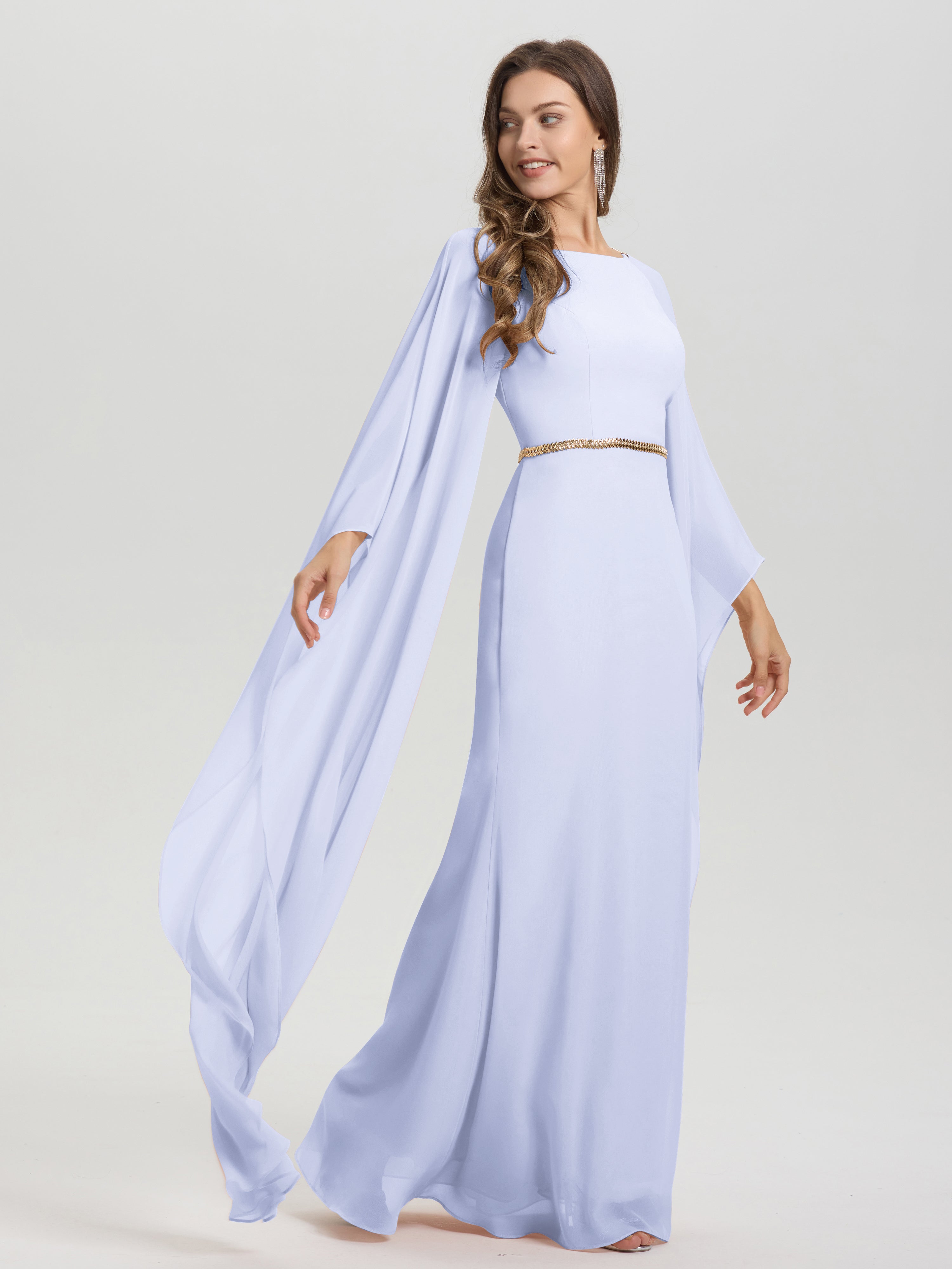 Sheath Flowy Long Sleeves Waisted Zip Back Chiffon Bridesmaid Dress